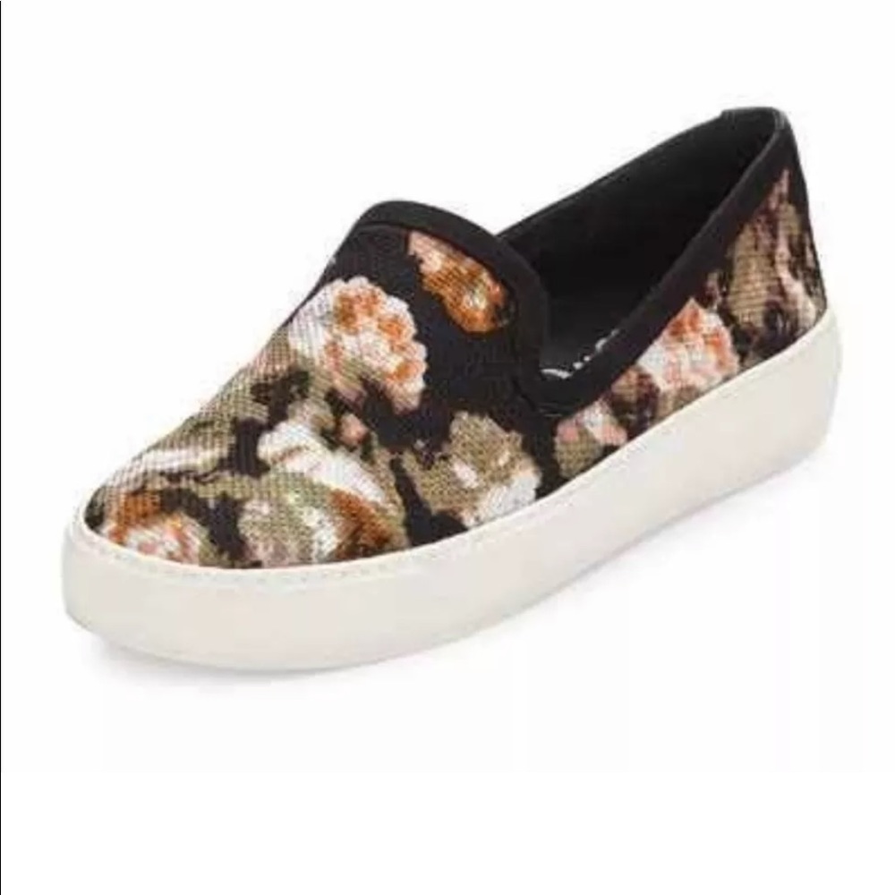 Sam Edelman Becker Slip On Black Floral Woven Fashion Sneakers Size 9.5 $110.00
